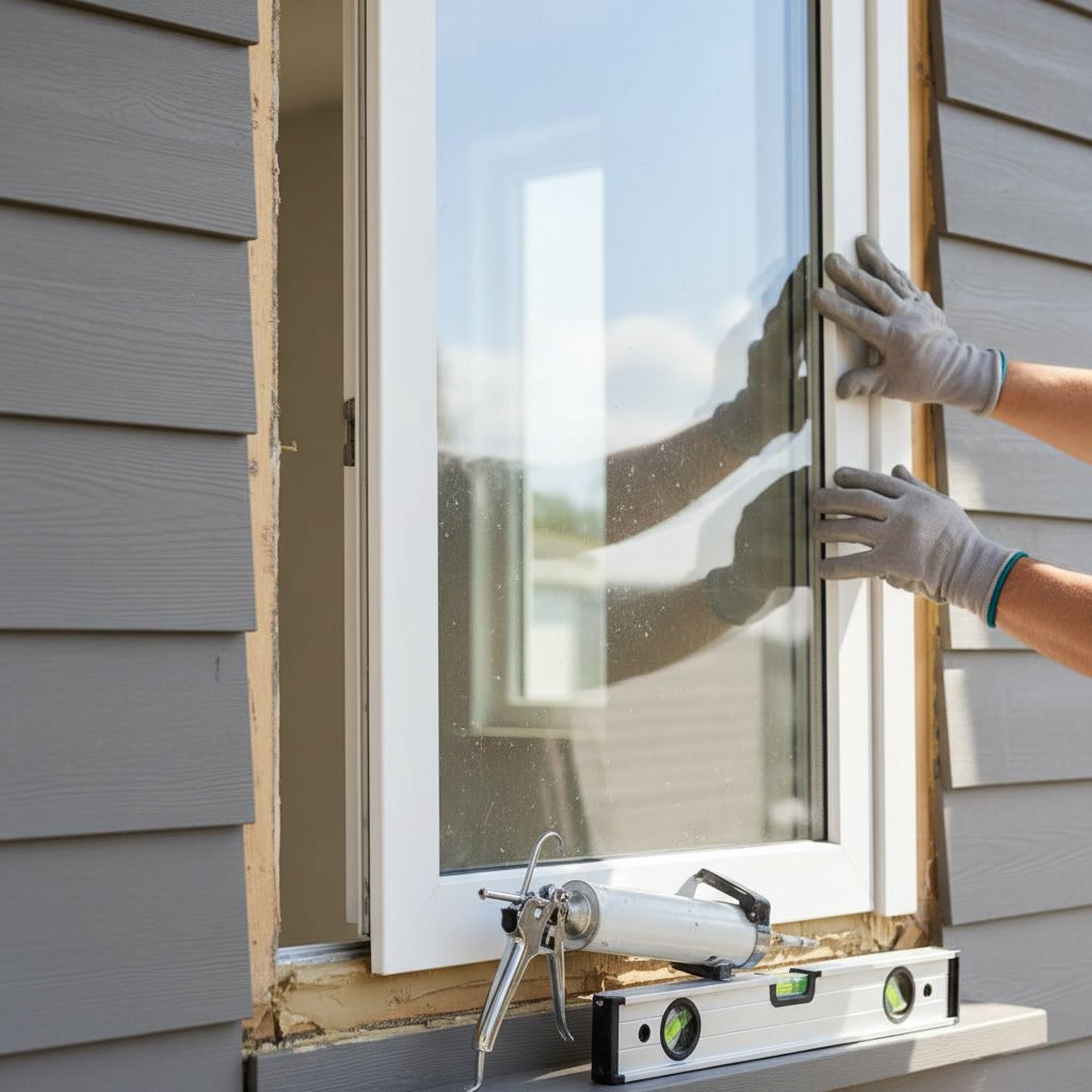 Technician installing new vinyl window frame in Kent home exterior