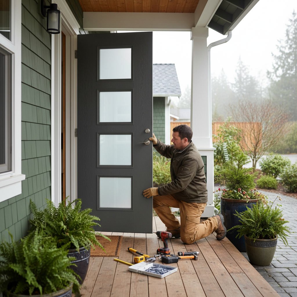 Installer fitting new entry door into frame at Kent home exterior