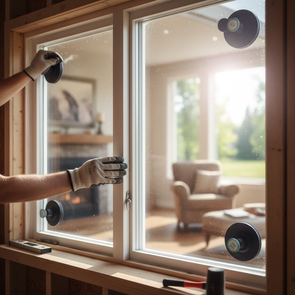 Installer fitting new double-pane window into frame during Renton window installation