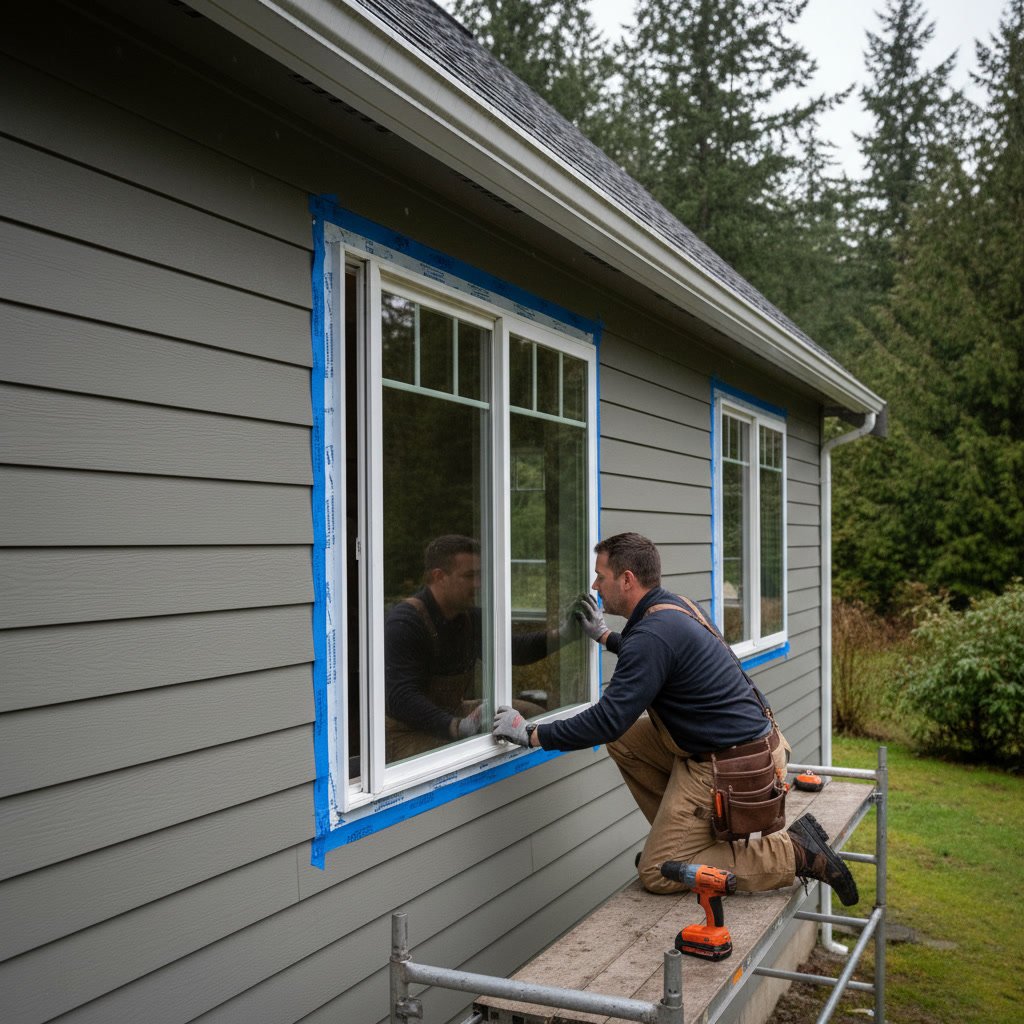Technician installing new window in home exterior in Auburn WA