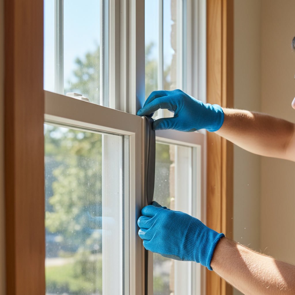 Installer applying weatherstripping seal to new window frame in Redmond home