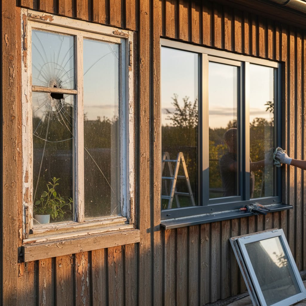 Professional window installer examining a residential window frame for repair or replacement needs
